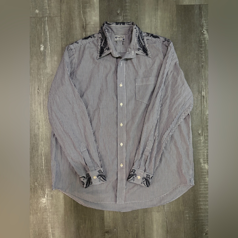 Lucky Brand Navy and White Striped Button-Up Shirt